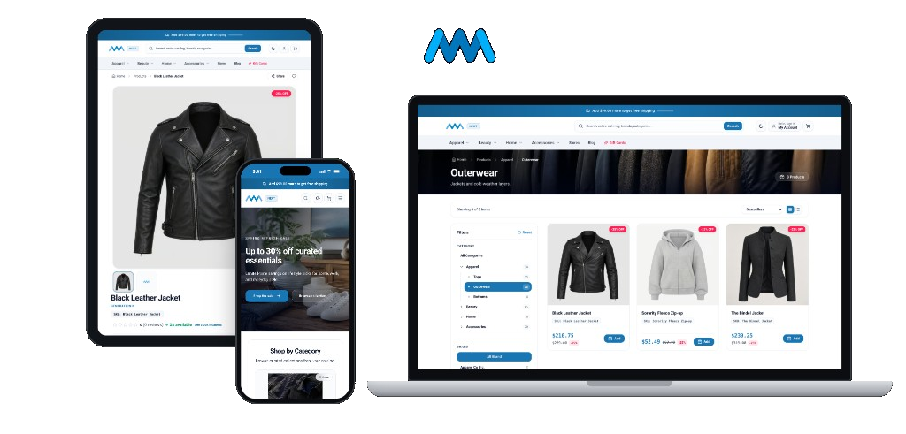 AwaCommerce storefront shown on a tablet, phone, and laptop