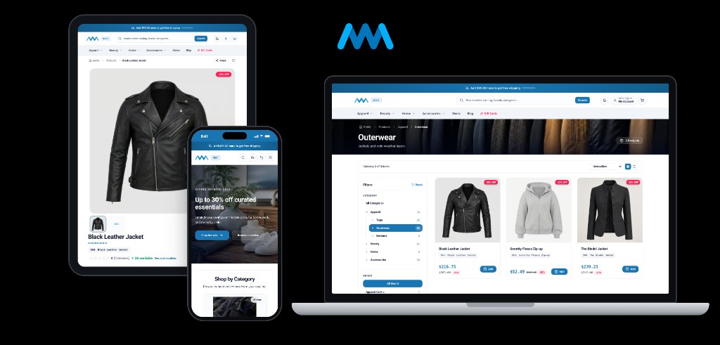AwaCommerce Next storefront on tablet, mobile, and laptop
