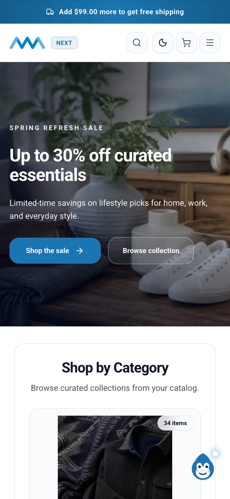 AwaCommerce Next storefront home page on mobile