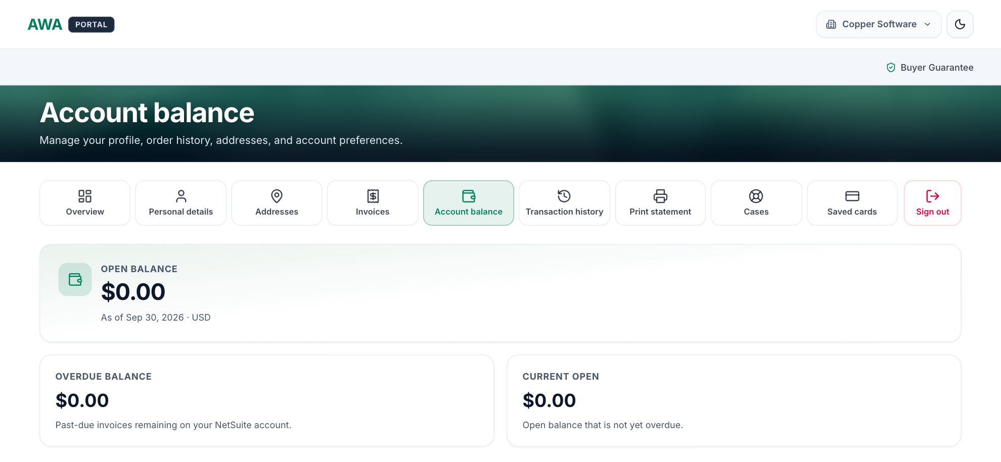 AwaCommerce Next customer portal with invoices, account balance, and statements