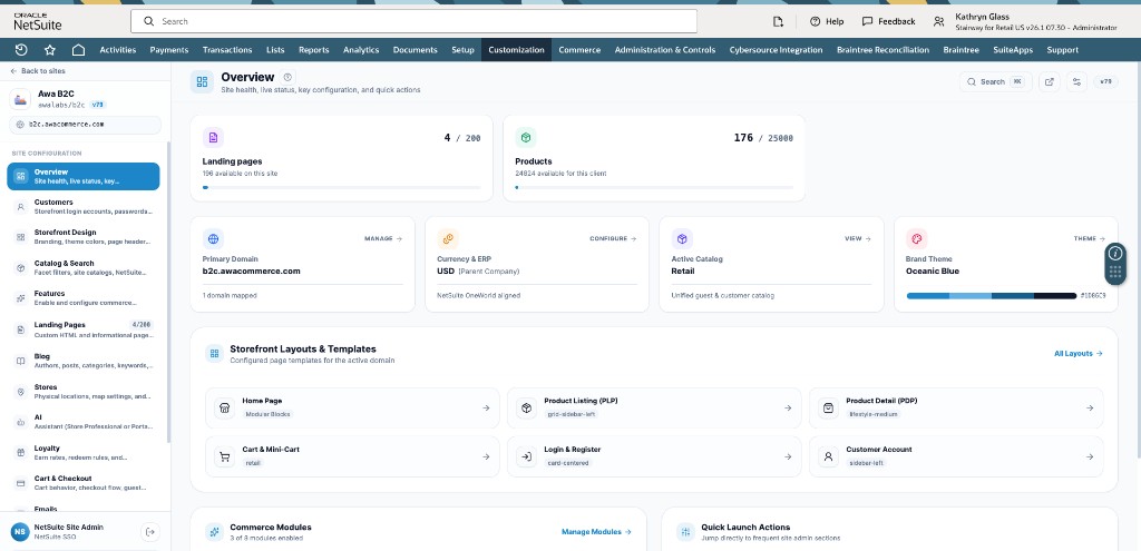 AwaCommerce Next site configuration overview inside NetSuite