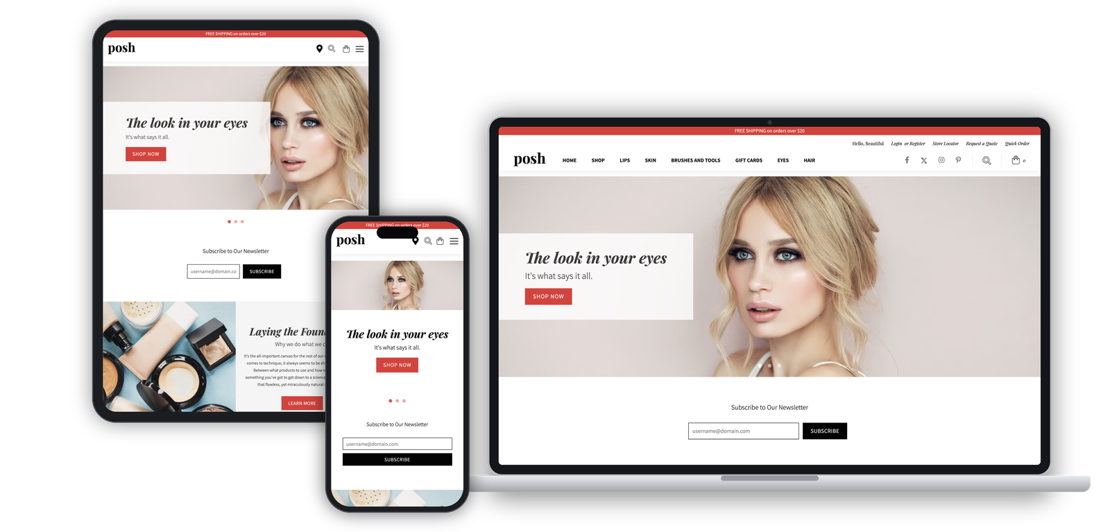 Posh SuiteCommerce storefront shown on a tablet, phone, and laptop