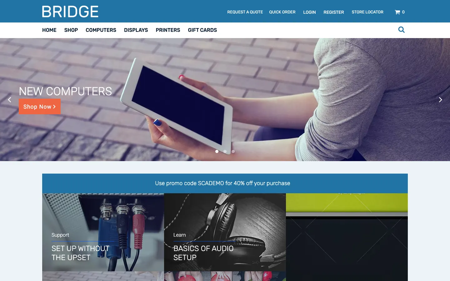 Bridge theme homepage with a blue header and a wide carousel promoting new computers