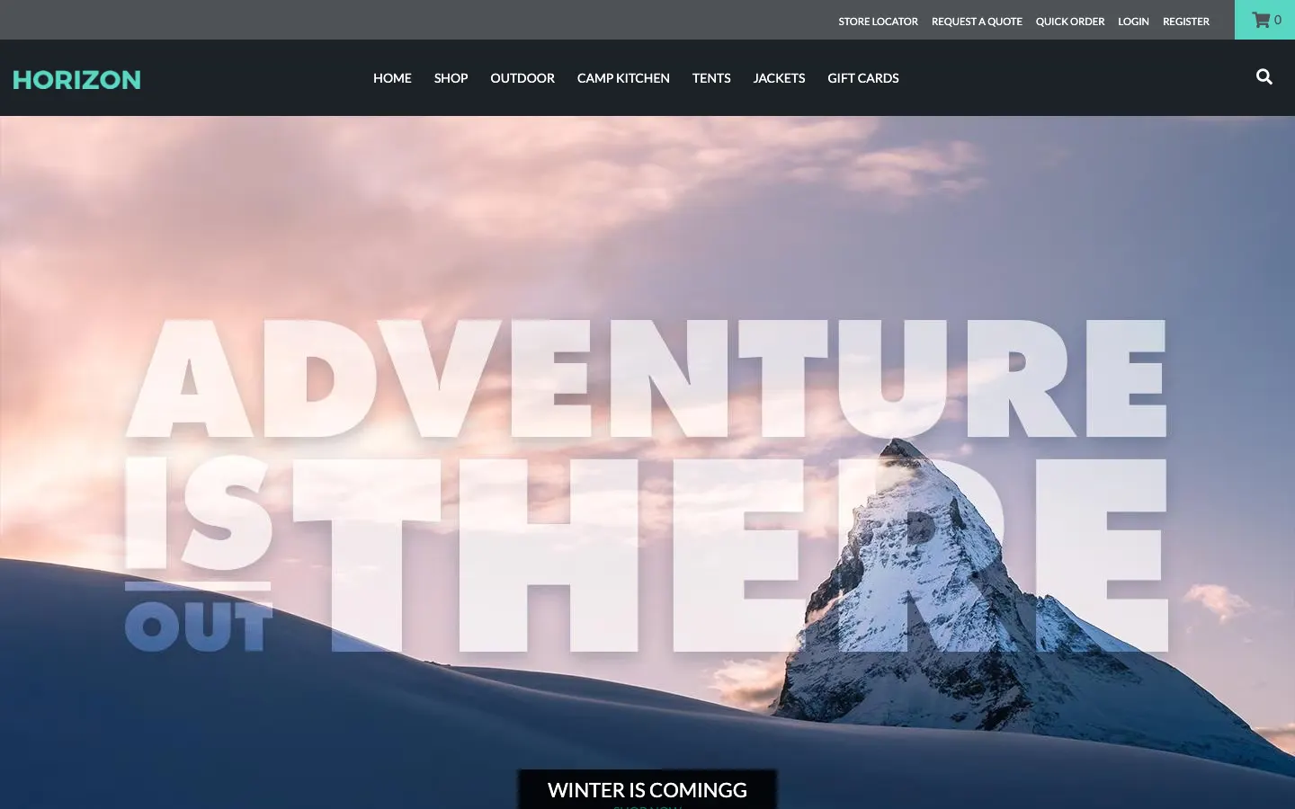 Horizon theme homepage with a full-bleed mountain hero and the headline Adventure is out there
