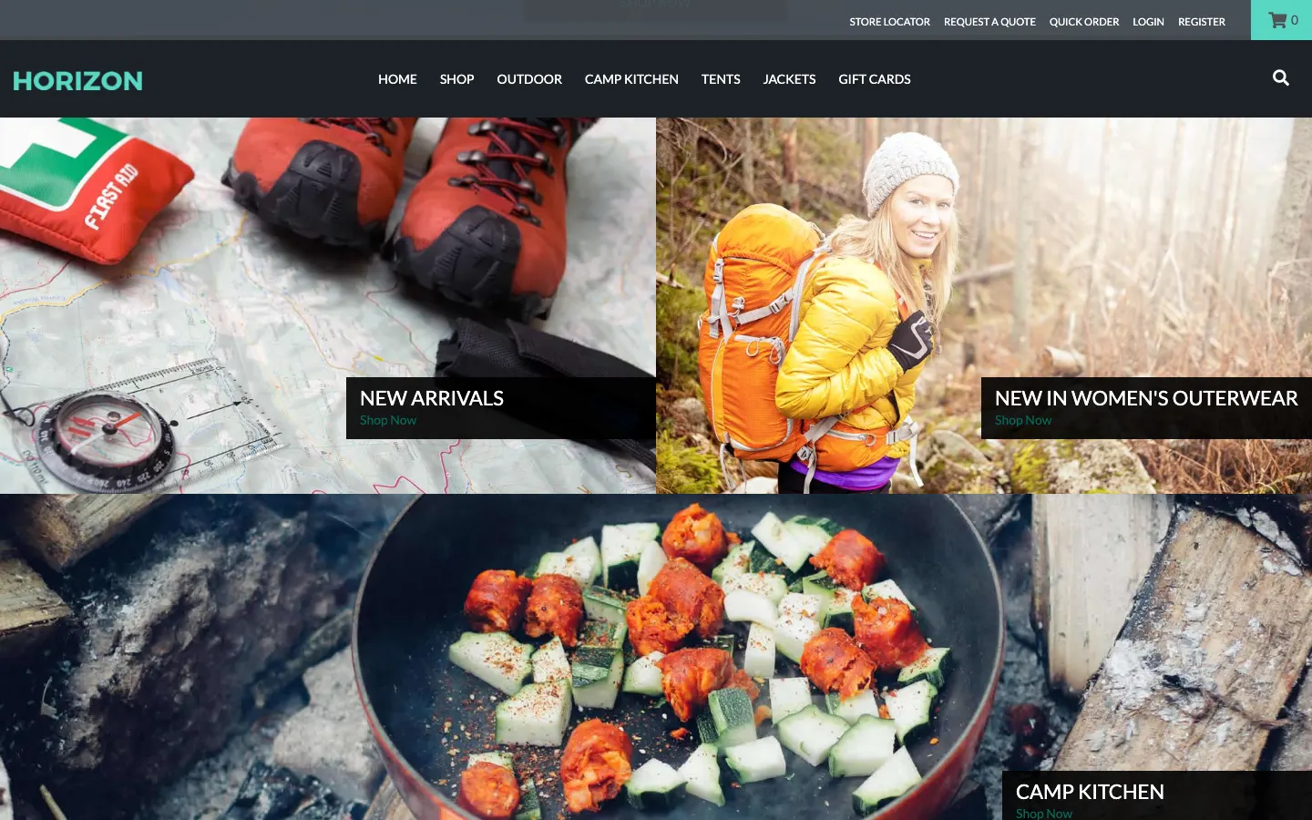 Horizon theme category tiles for new arrivals, women's outerwear, and camp kitchen