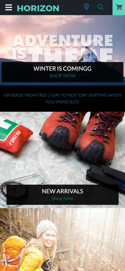 Horizon theme homepage on a mobile phone
