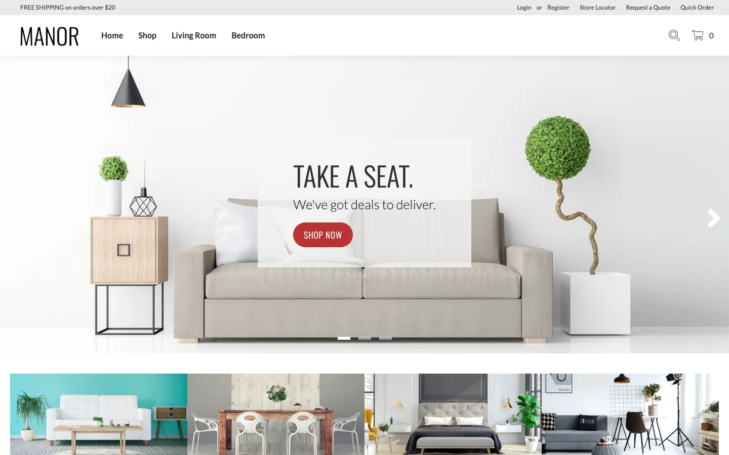 Manor theme homepage with a sofa hero and the headline Take a seat