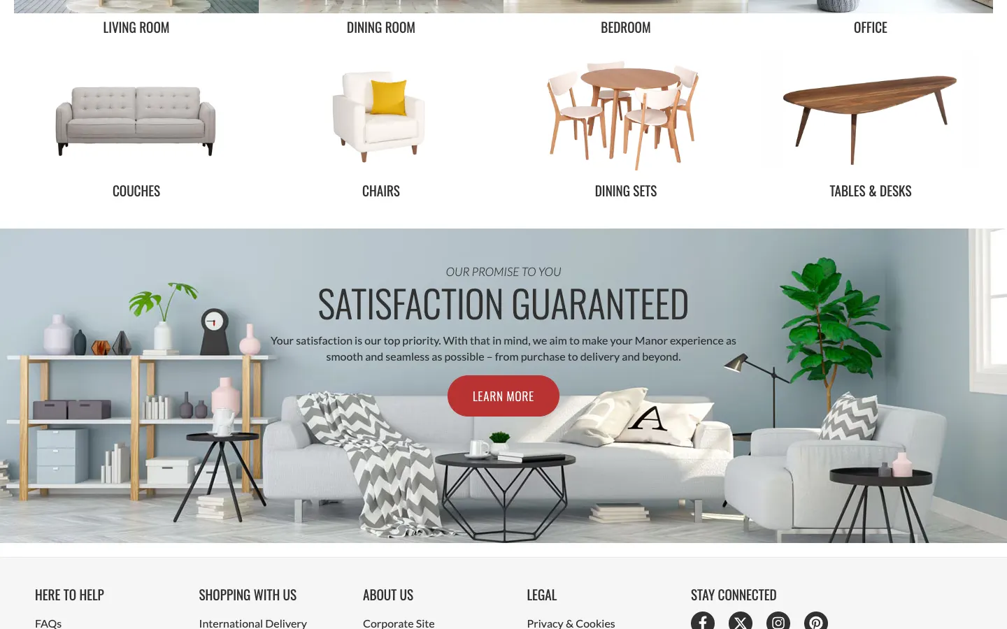 Manor theme furniture categories for couches, chairs, dining sets, and tables above a satisfaction guaranteed banner
