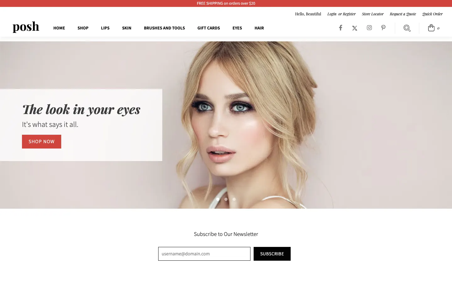 Posh theme homepage with a beauty portrait hero and the headline The look in your eyes