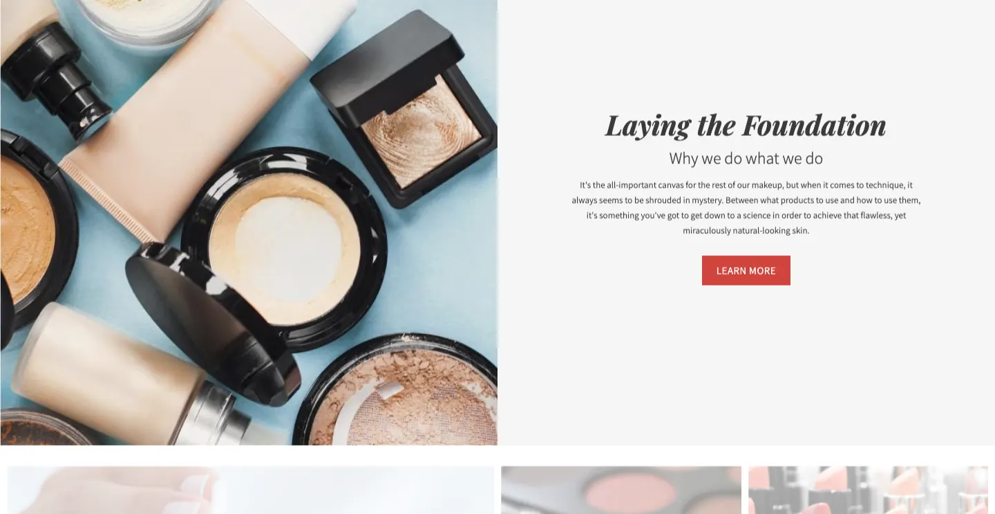 Posh theme split section with makeup products beside the story Laying the foundation