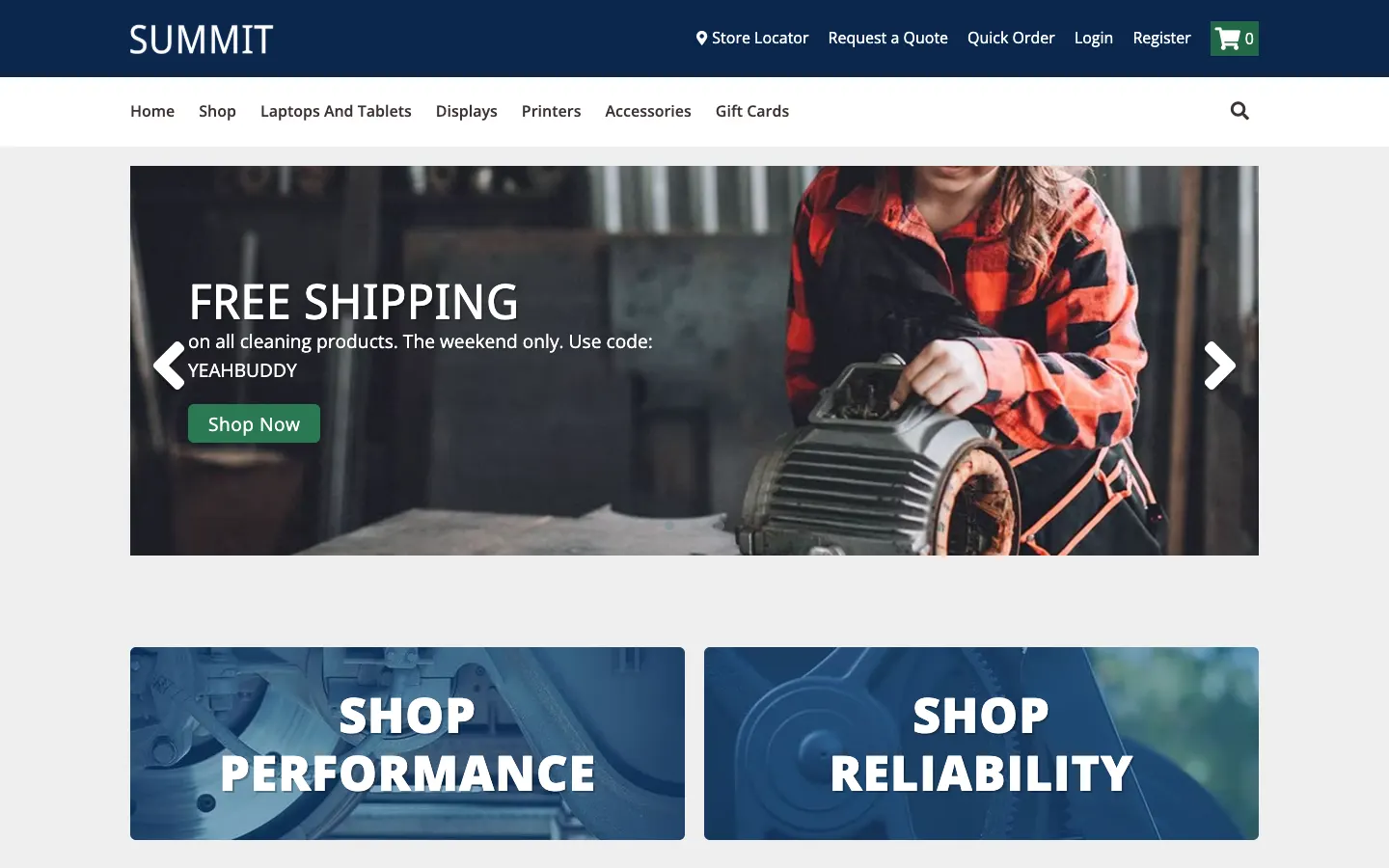 Summit theme homepage with a navy header, a boxed promotional carousel, and shop performance and shop reliability banners