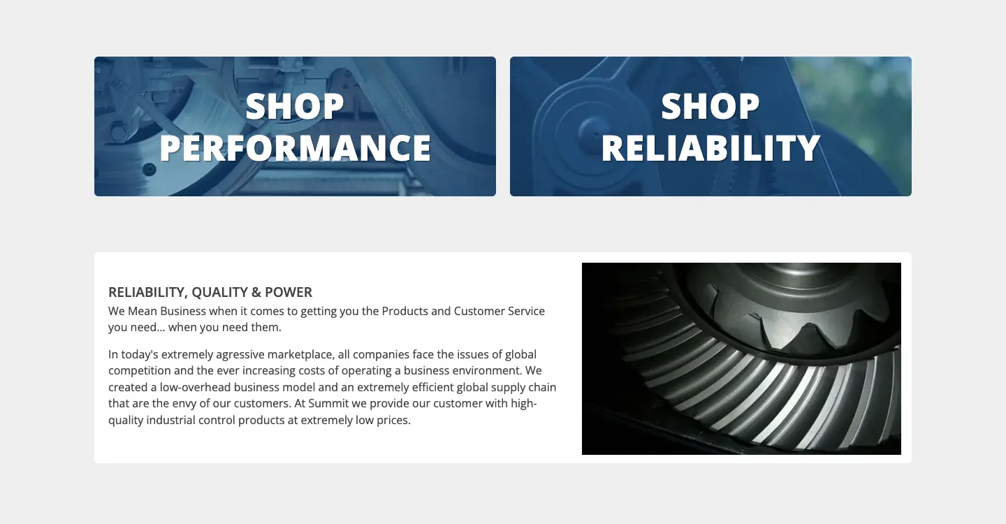 Summit theme category banners above a text and image block about reliability, quality, and power