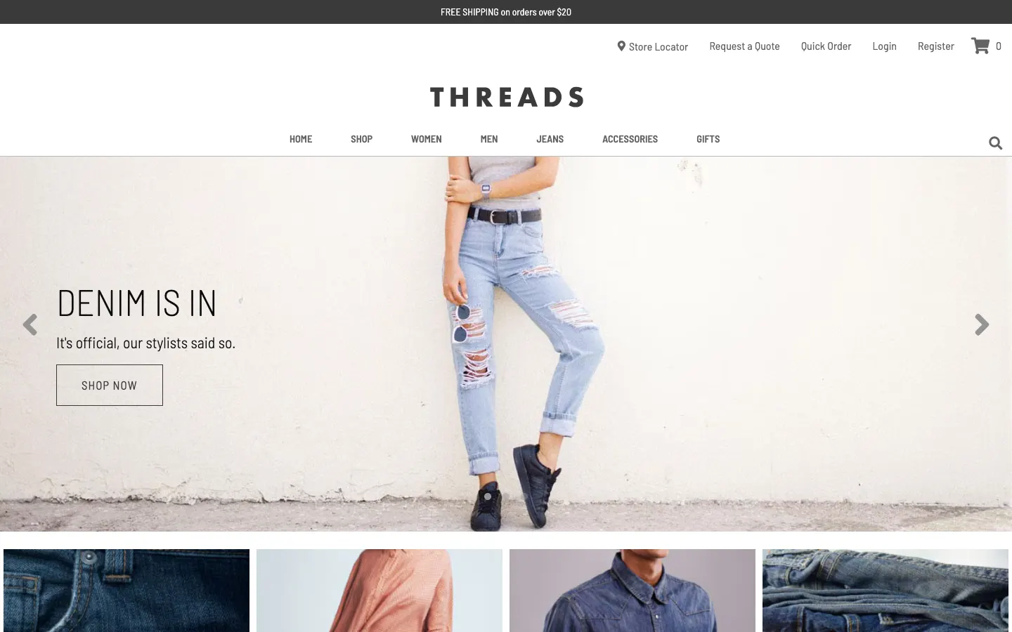 Threads theme homepage with a centered logo and a denim hero with the headline Denim is in